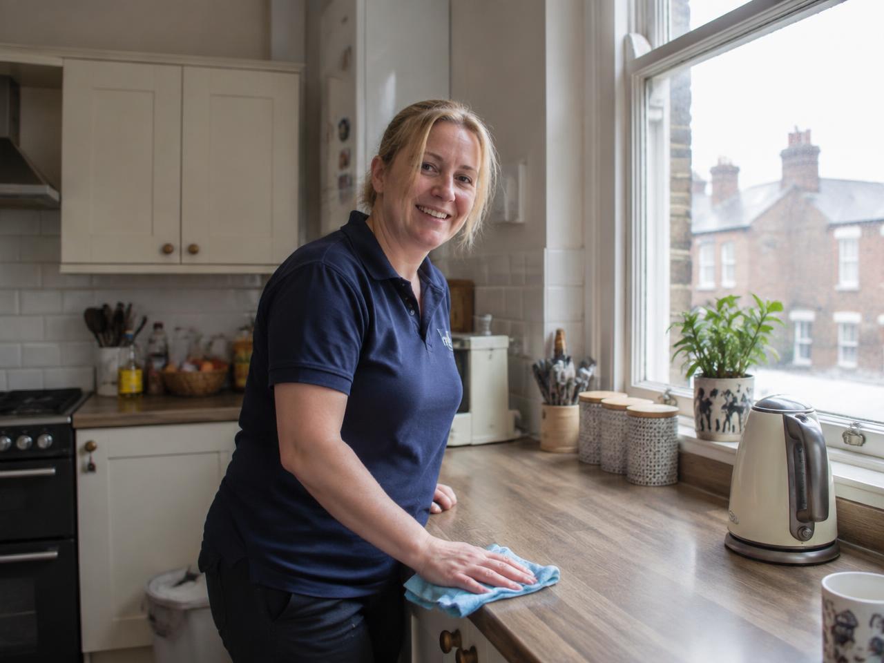 Careful attention to detail as a cleaner wipes a marble kitchen surface